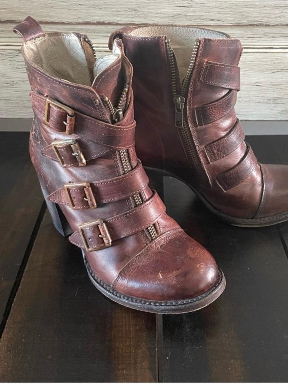 Women’s Brown Leather Ankle Boots with Buckle Straps Freebird